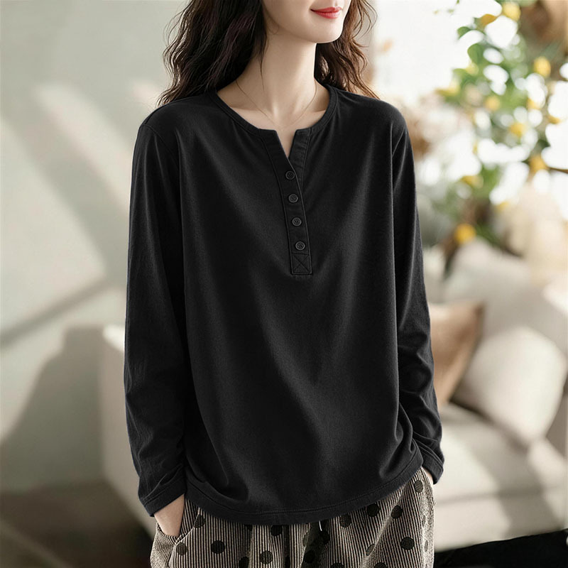 Korean Style Round Neck Plus Size Solid Color Button-Up Top for Everyday Wear, Pure Cotton Versatile Spring and Autumn New Long-Sleeve T-Shirt Korean Style Round Neck Plus Size Solid Color Button-Up Top for Everyday Wear, Pure Cotton Versatile Spring and Autumn New Long-Sleeve T-Shirt