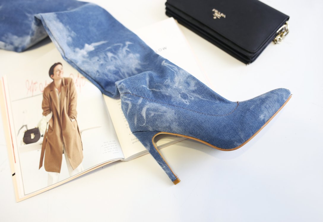 Trong khởi động đầu gối mùa thu của phụ nữ cao gót stiletto chỉ dài khởi động phía dây kéo denim ống cao stovepipe stretch boots