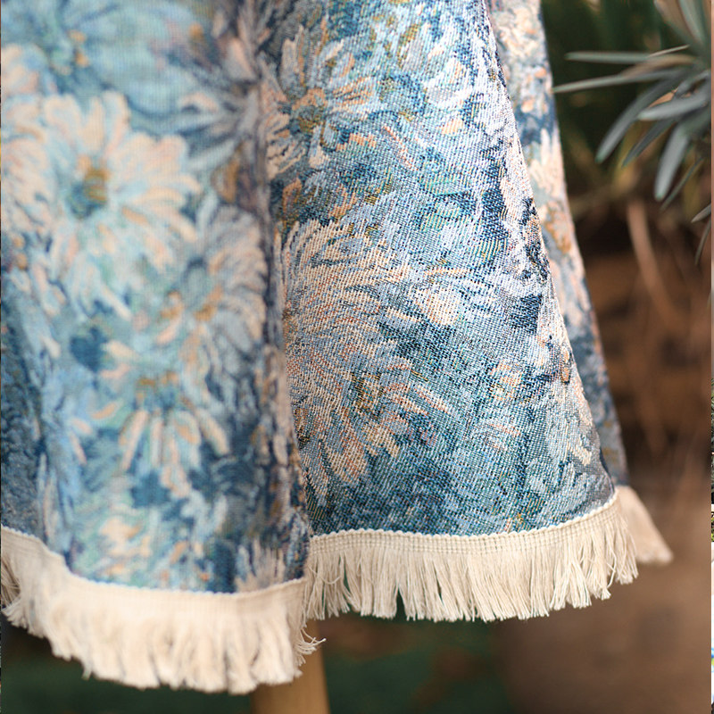 Monet Blue Floral Jacquard Tablecloth with Tassel Trim