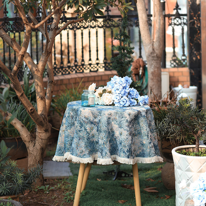 Monet Blue Floral Jacquard Tablecloth with Tassel Trim