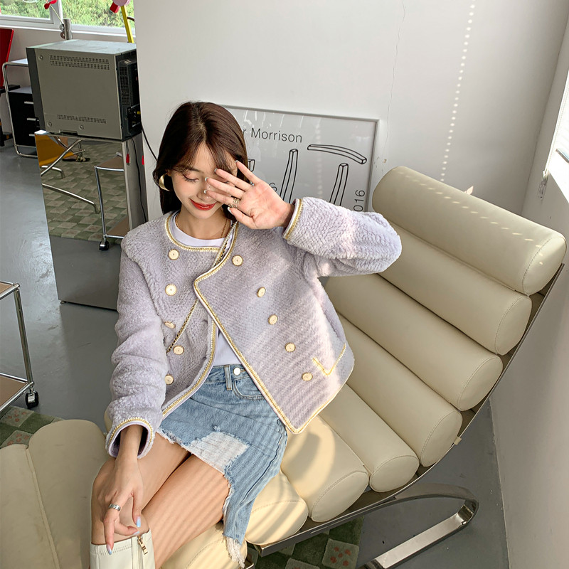 RAYFEI NEW MELINU LEATHER HAIR Jacket Woman Short round collar small Fragrant Breeze Lamb Fur Grass Young 