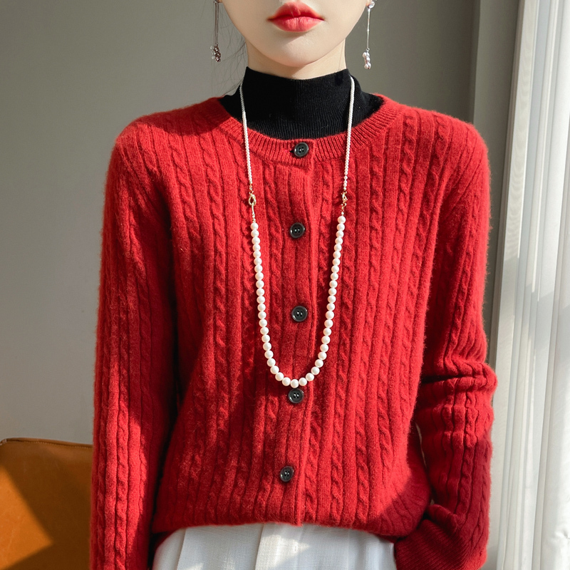 Tommy Xikaili Women's Pure Wool Cardigan Unique Cable Knit Sweater Autumn and Winter Round Neck Coat Warm Knit Base Layer