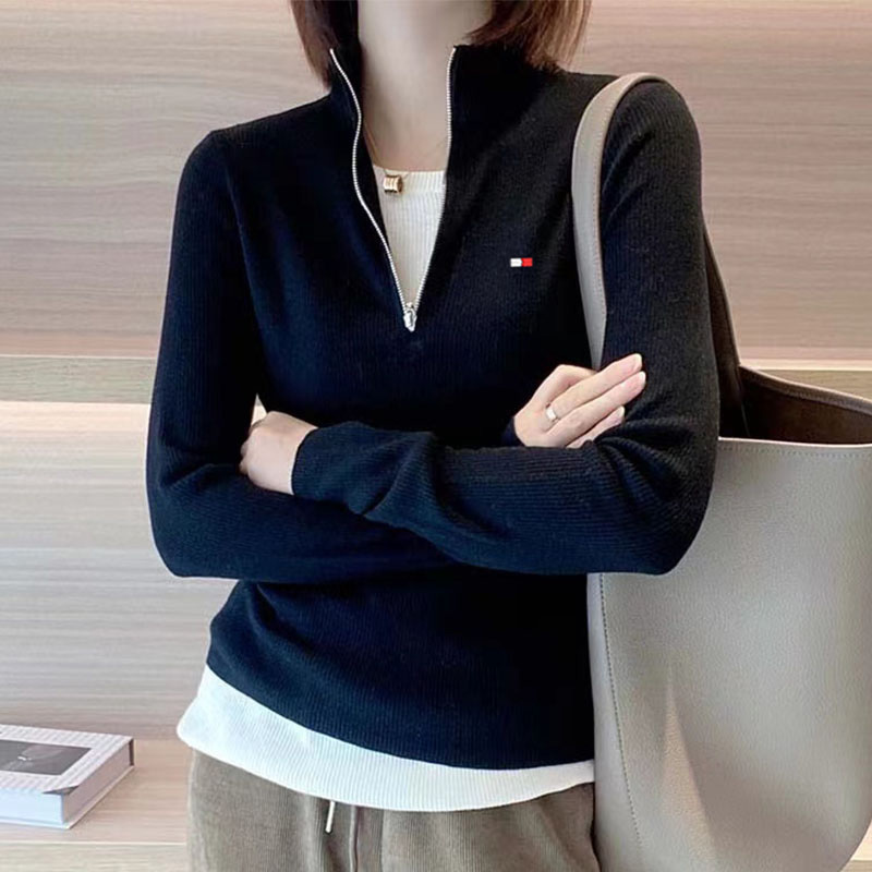 Authentic Tommy Hilfiger Spring and Autumn New Solid Color Knit Sweater Autumn and Winter Women's T-Shirt with Stand Collar and Faux Two-Piece Design