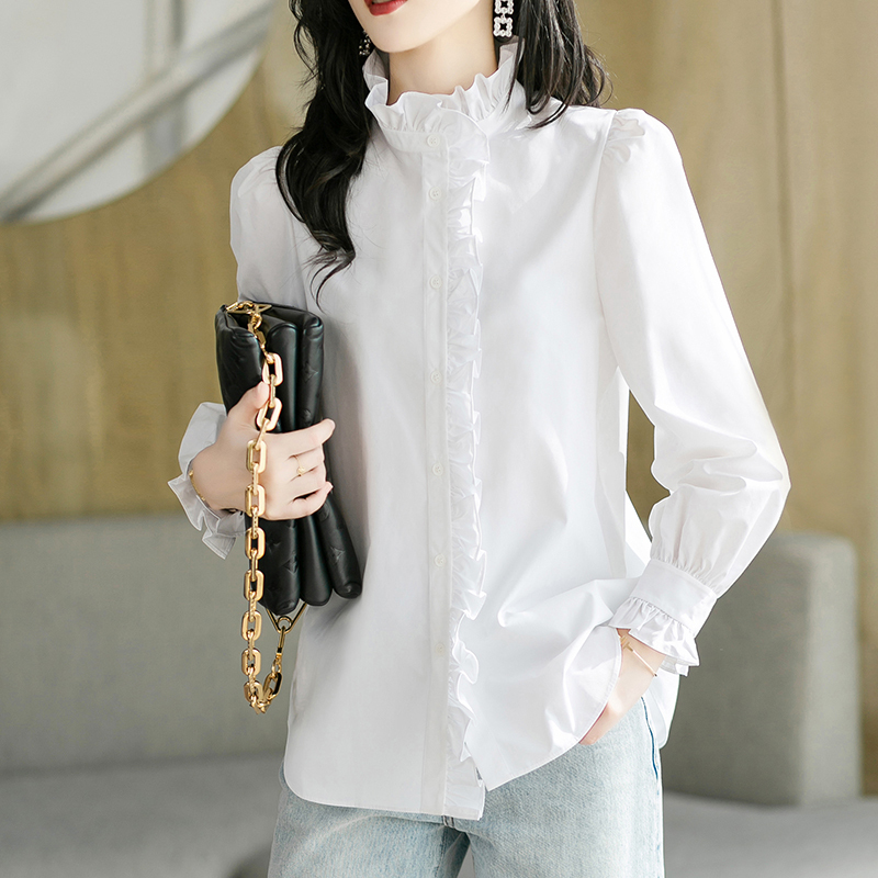 Tommy Xikaili High-End French-Style Shirt for Women, New Spring and Autumn Long-Sleeve Ruffled Collar Shirt, Pure Cotton Top