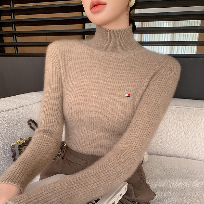 Authentic Tommy Hilfiger Half-Turtleneck Sweater, Stylish Women's Autumn and Winter Warm Knit Base Shirt, Thick Slimming Knitwear