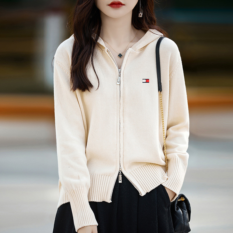 Tommy Xikaili Women's Pure Cotton Cardigan 2026 Spring New All-Cotton Hooded Jacket Women's Versatile Sweater