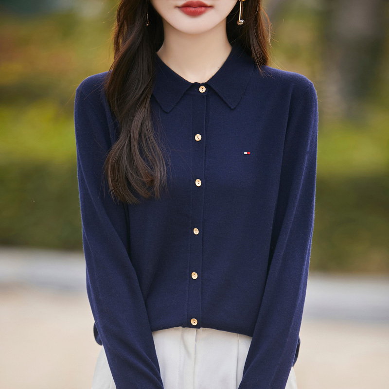 Tommy Hilfiger Women's Polo Collar Long-Sleeve Knit Cardigan Fashion Thin New Style Base Shirt
