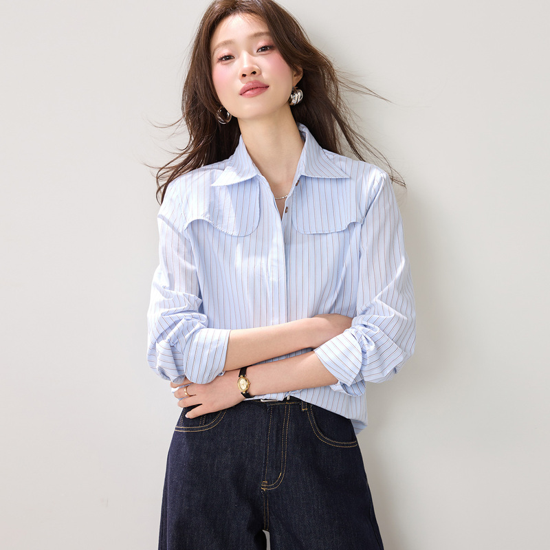 Tommy Xikaili Long-Sleeve Shirt for Women, Early Spring Thin Versatile Commuter Shirt, Striped Top, Loose and Casual Shirt