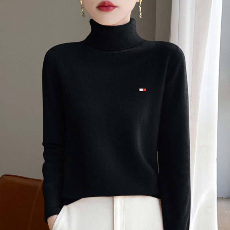 Tommy Hilfiger Turtleneck Pure Wool Sweater for Women, All-Wool Sweater, Solid Color, Winter Warm Knit Base Layer