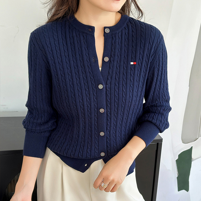 Tommy Xikaili Women's Casual Sweater Versatile Cardigan Button-Up Coat Cable Knit Round Neck Thin Pure Cotton Knitwear