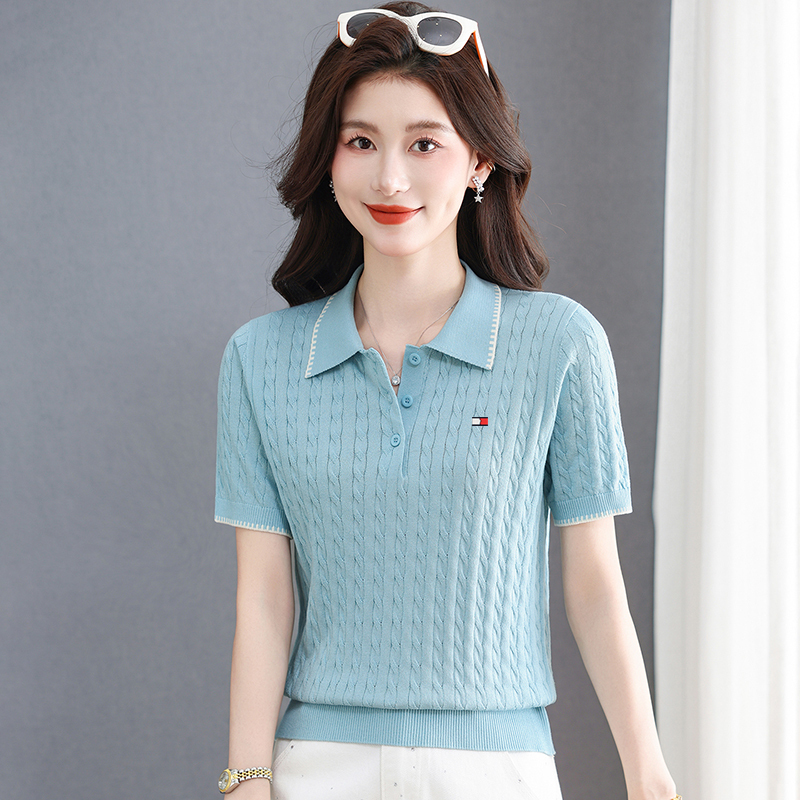 Tommy Hilfiger Women's Ice Silk Summer Turn-Down Collar Cable Knit Short-Sleeve Thin Knit Top Stretchy Mulberry Silk T-Shirt