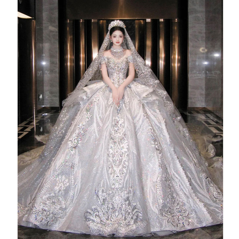 French-Style Off-Shoulder Wedding Dress for Brides, 2026 New Model, High-End Texture, Luxurious Palace Style with Long Train
