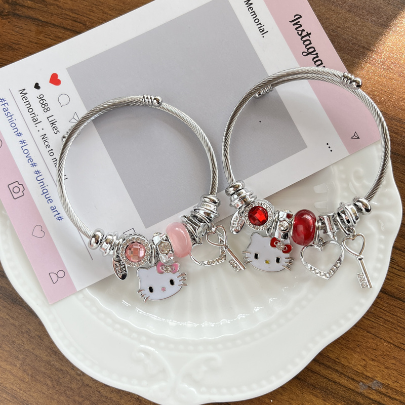 Real Shot of Korean-Style Pink Cartoon Kitten Bracelet, Cute Cartoon Jewelry, Pan Dora Hello Kitty Accessories