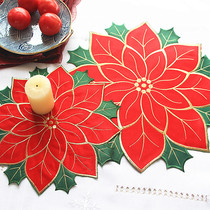 American Christmas Holly leaf red Fruit table mat Fabric embroidery plate mat Insulation mat Western Mat Festive Decoration mat