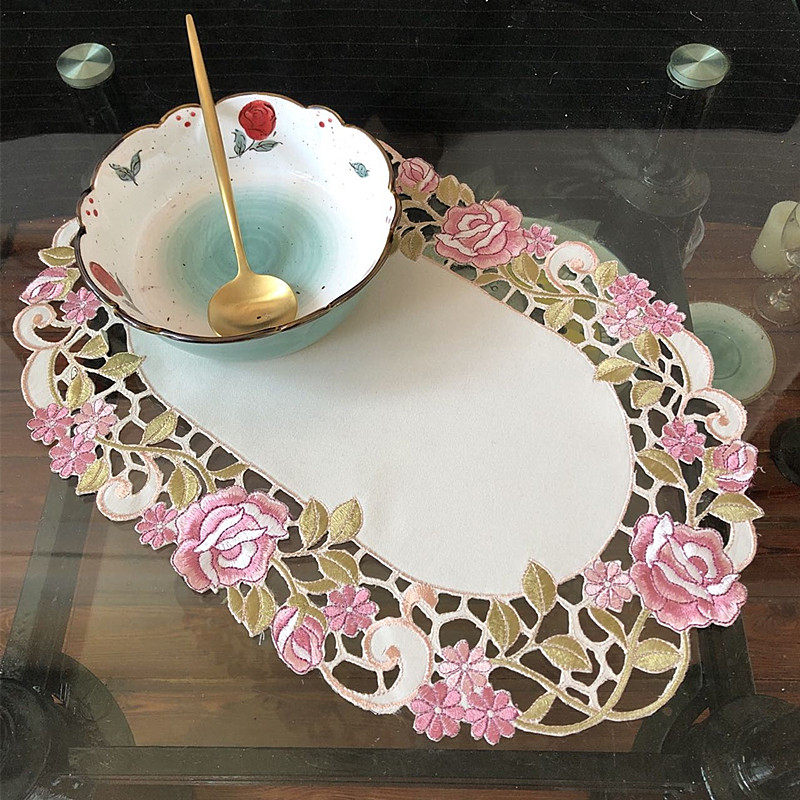 Nordic European Style Fabric Floral Table Mat Tea Table Mat Pink Oval Western Dining Mat Decoration Cushion No Waterproof Oil Proof