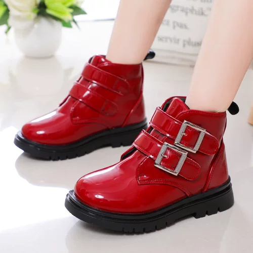 Детские демисезонные флисовые короткие сапоги, туфли для кожаной обуви для принцессы, красные ботинки для девочек, в корейском стиле