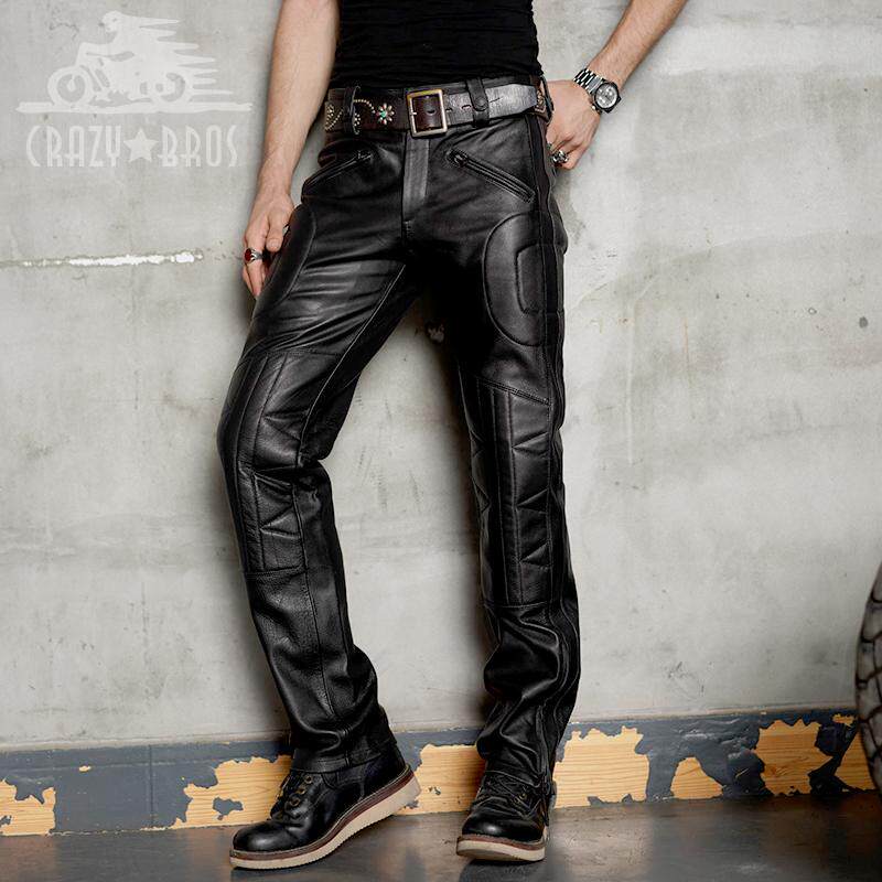 Crazybros winter cowhide black windproof warm leather pants Harley Indian Knight motorcycle riding pants