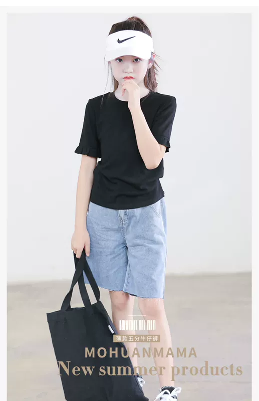 Quần áo trẻ em quần áo mùa hè 2020 Cô gái Hàn Quốc phong cách phương Tây quần short denim ống thẳng mỏng quần năm điểm, quần âu lớn trẻ em - Quần jean