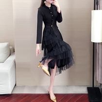 SZHZ2021 Spring and Autumn new fairy dress thin French black suit dress chic premium cake skirt