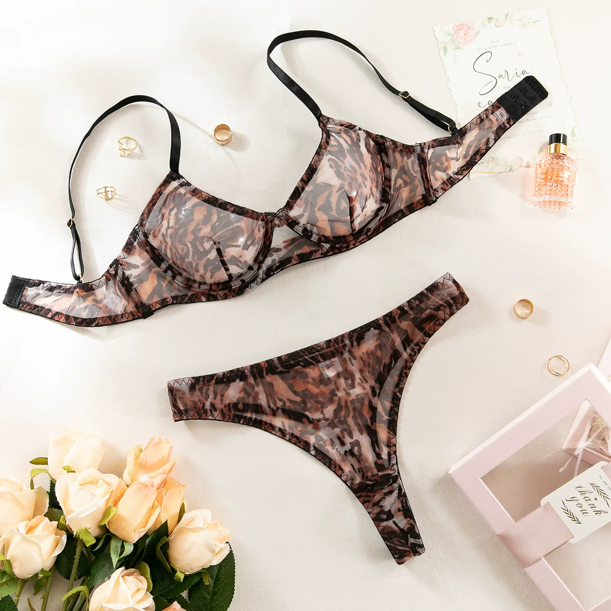 Leopard print mesh bra set Леопардовый костюм