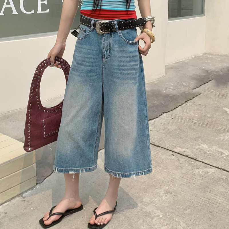 Jianxi Plus-Size Women's Vintage Wide-Leg Jeans for Summer, Loose Straight-Leg Cropped Pants, Versatile Mid-Length Pants Jianxi Plus-Size Women's Vintage Wide-Leg Jeans for Summer, Loose Straight-Leg Cropped Pants, Versatile Mid-Length Pants