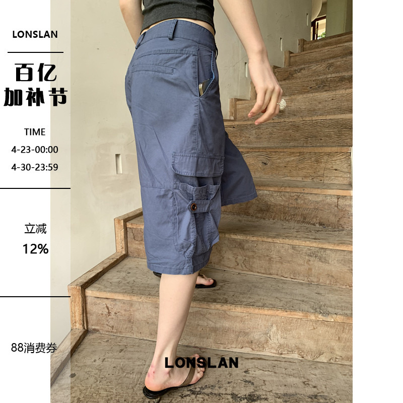 Lonslan 2026Summer Summer Dark Blue Pocket Cargo Capri Pants