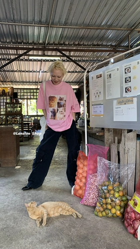 Lonslan 2023SS Новый котенок распущенные короткие -большие чашки футболка