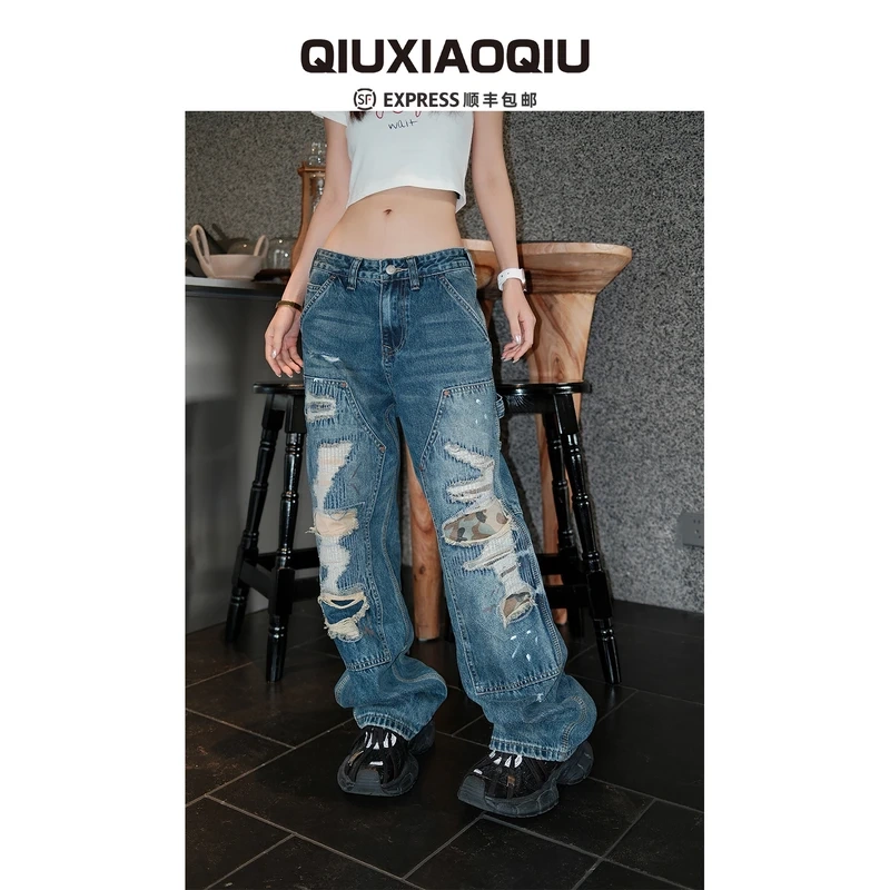 【Qiadqiu】New Camouflage Fake Ripped Workwear Jeans with Ink Splatter Heavy-Duty Wash Unisex Trendy