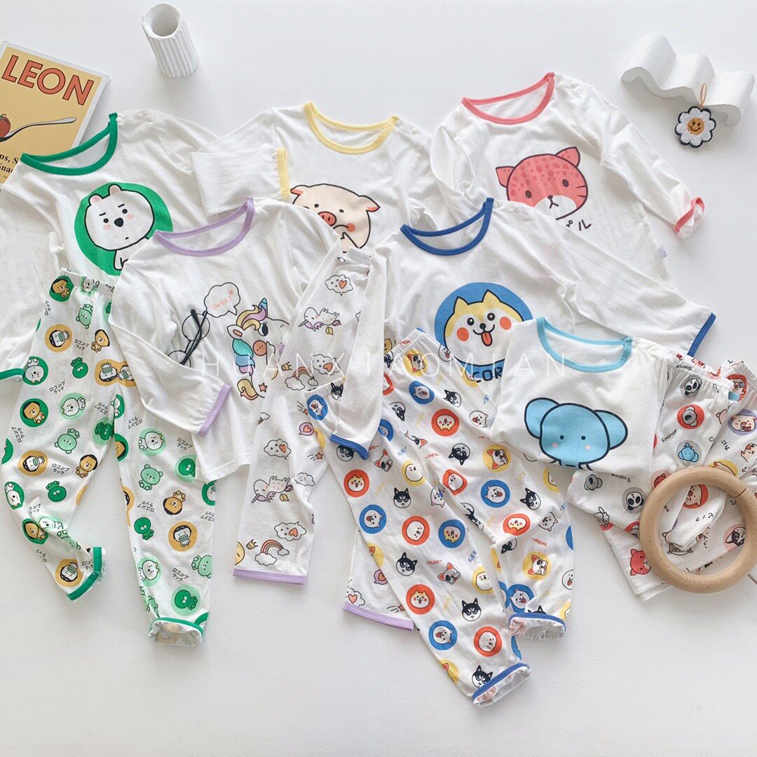 Spring and summer thin section long-sleeved home clothes suit baby air-conditioning clothes breathable boys and girls pure cotton Tianzhu cotton cartoon suit