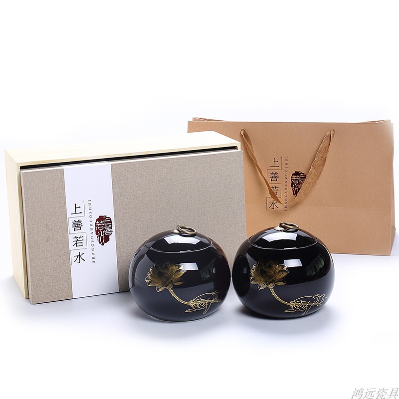 Double Canned Ceramic Tea Leaf Packing Gift Box Large Size Half Catty Tea Leaf Jars Green Tea Black Tea Ceramic Sealing Tank Custom