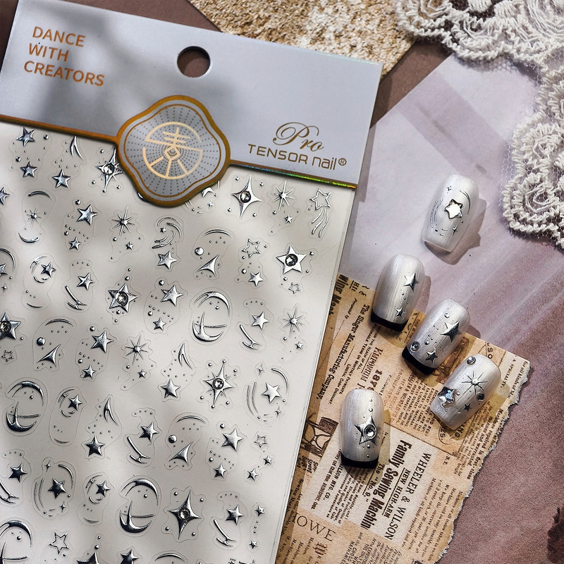 Stars and Moon Silver Foil 3D Nail Art Stickers Simple and Luxurious Decoration for Nails, Computer, and Phone Case iPad Stickers