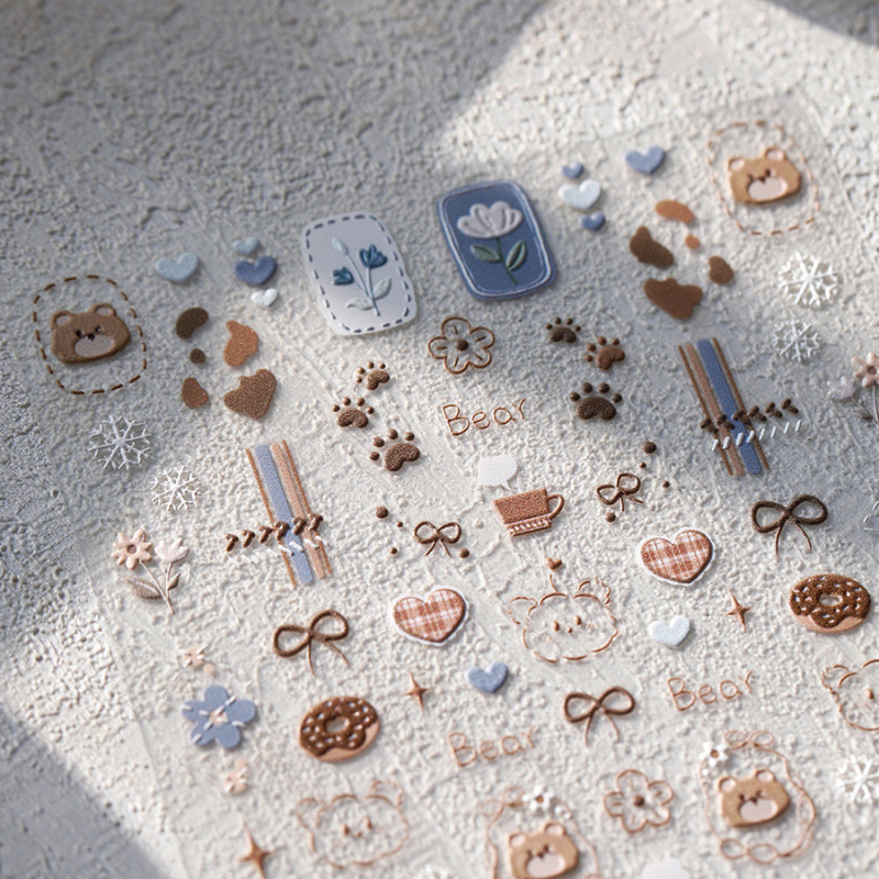 Cartoon Cute Bear Embossed 3D Nail Art Stickers for Decorating Nails, Computer, Phone Case, and Planner Stickers