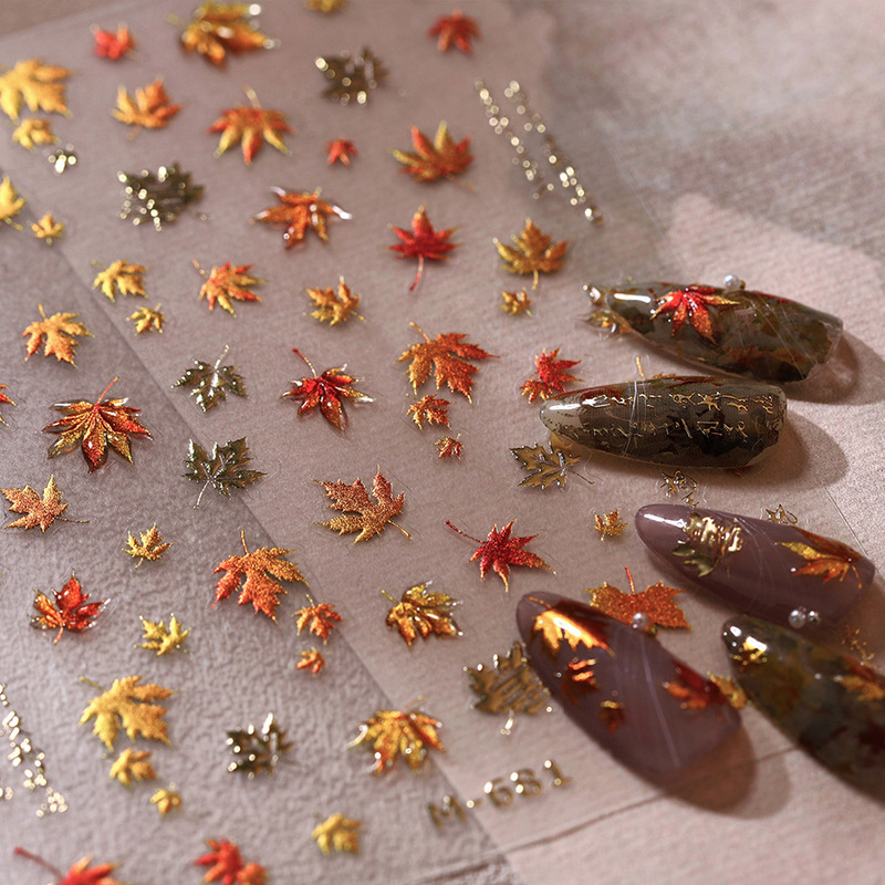 Maple Leaf Story Gold Foil Jelly 3D Nail Art Stickers Decoration for Nails, Computer, Phone Case, iPad Camera Stickers