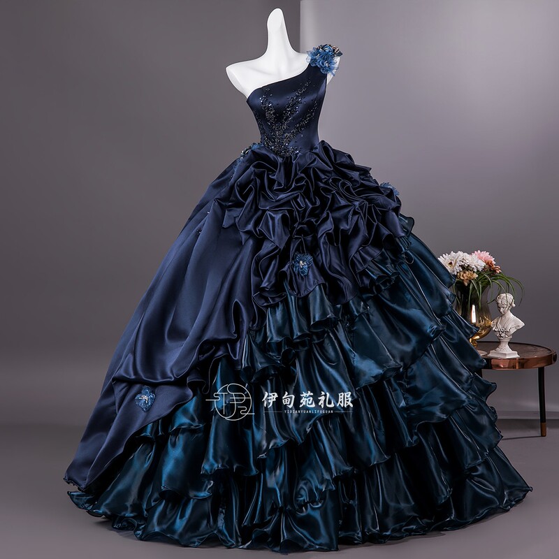 High-End Navy Blue One-Shoulder Beaded Satin Dress for Women, Vocal Arts Exam Solo Performance, Large Tutu Skirt, Stage Performance Evening Dress High-End Navy Blue One-Shoulder Beaded Satin Dress for Women, Vocal Arts Exam Solo Performance, Large Tutu Skirt, Stage Performance Evening Dress