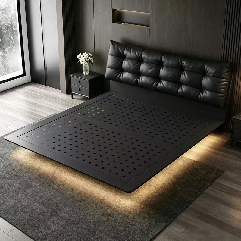 Italian-Style Minimalist Carbon Steel Floating Bed 2.2m High-End Grand Master Bedroom Large Bed Big Black Bear Double Soft Leather Bed
