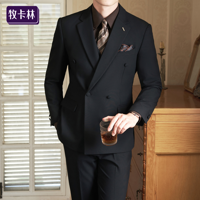High-End 2026 Spring Double-Breasted Suit Set for Men, Wedding Business Banquet Formal Wear, British Style Groom Suit