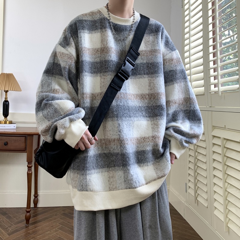 Woolen Plaid Sweatshirt for Men, New Spring and Autumn Style, American Retro Lazy Style Pullover Jacket, Loose Round Neck Top Woolen Plaid Sweatshirt for Men, New Spring and Autumn Style, American Retro Lazy Style Pullover Jacket, Loose Round Neck Top
