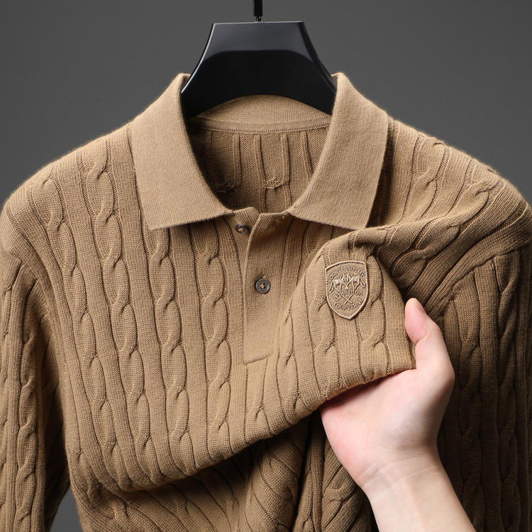 【800G Average Weight】Twisted Pure Cotton Sweater for Men, Turn-Down Collar, Autumn and Winter Knit Polo Shirt, Heavyweight Thickened Base Layer Shirt