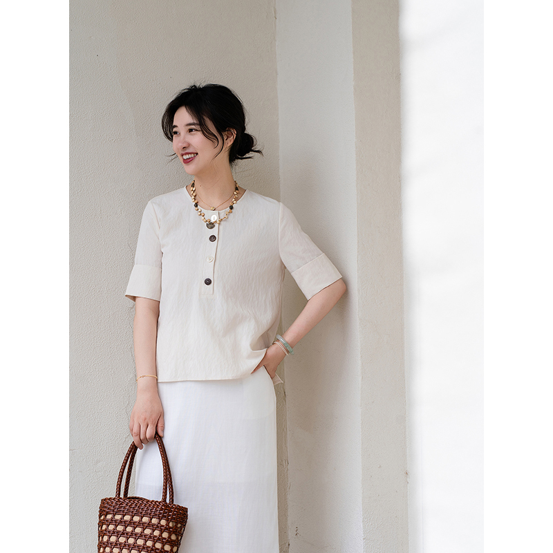 Apipedream Like a Dream Tr Linen-Like Henry Round-Neck Shirt with Half Placket Short Sleeves/Small Shirt/Creamy Apricot Color Apipedream Like a Dream Tr Linen-Like Henry Round-Neck Shirt with Half Placket Short Sleeves/Small Shirt/Creamy Apricot Color