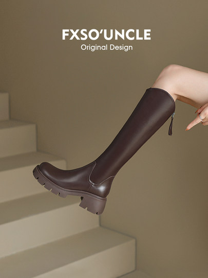 真皮方巷2025冬季新款V口长筒靴小个高跟黑色瘦瘦骑士靴长靴子女