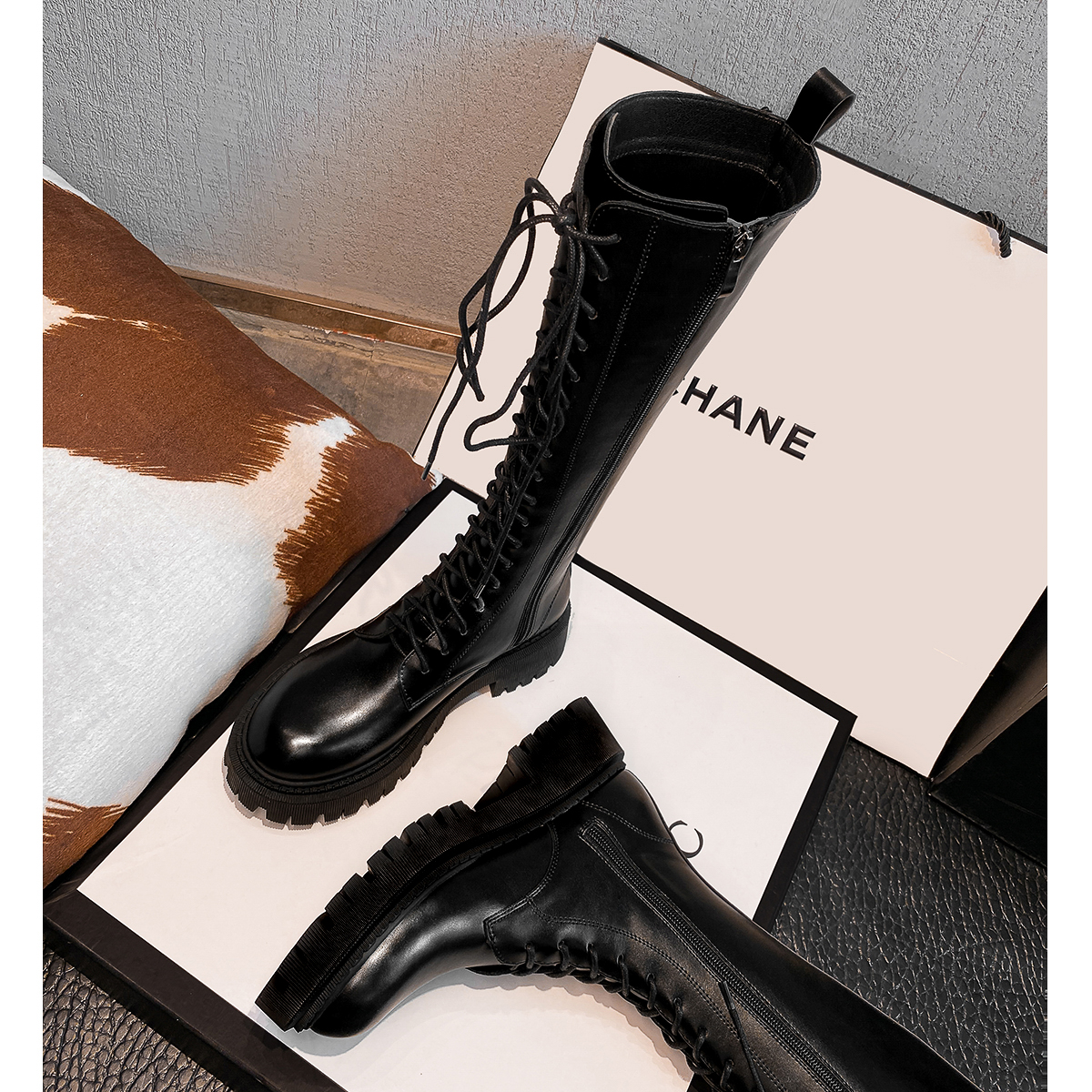 Martin boots Black thick bottom thin lace-up high boots long barrel knight boots women's 2021 autumn and summer new boots