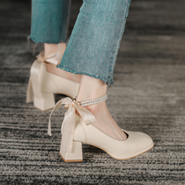 FXSO Square Alley Single Shoe Woman 2022 New BEAUTIFUL PEARL DECORATION WITH HIGH HEEL COARSE HEELS Mary Precious Women Shoes