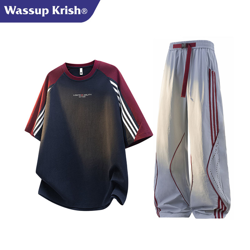 Wassup Krish American-Style Sports Striped Color-Block Short-Sleeve Set for Men, Summer Ice Silk T-Shirt and Pants Complete Set Wassup Krish American-Style Sports Striped Color-Block Short-Sleeve Set for Men, Summer Ice Silk T-Shirt and Pants Complete Set