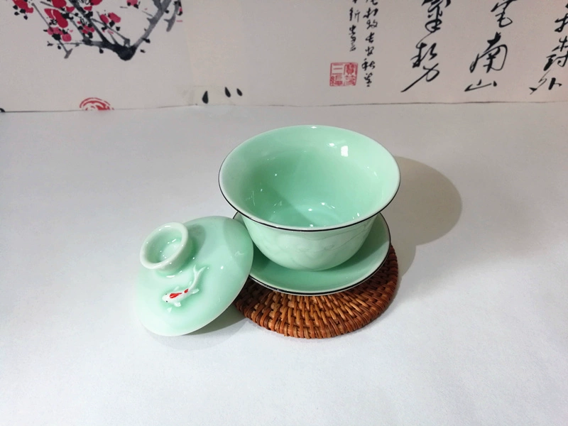 Celadon dày lên bao gồm bát trà Kung Fu vẽ tay sen mực ba tài năng bao gồm bát lớn bát trà tôn trọng chuẩn bị trà - Trà sứ