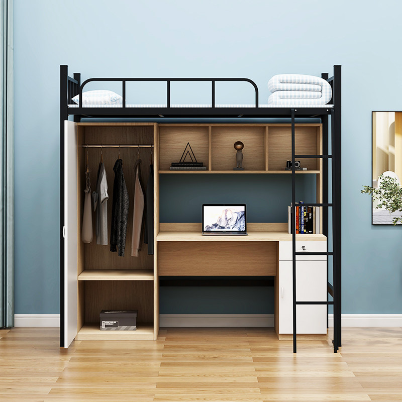 Upper bed and lower table combination apartment student dormitory adult staff wrought iron bed bookcase one single elevated bed simple