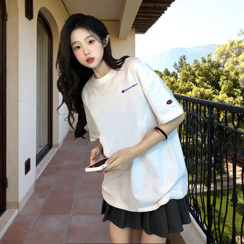 Champion Embroidered Trendy Brand Summer Heavyweight Pure Cotton Short-Sleeve T-Shirt for Women, Loose Casual Versatile Half-Sleeve Base Shirt