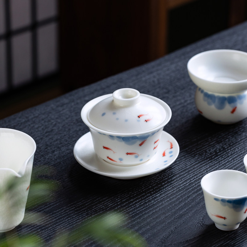 Gaiwan Kungfu tea set Bairu kiln open slice hand painted fish