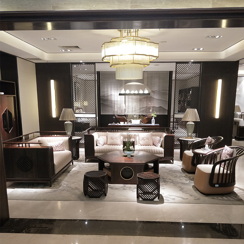 New Chinese style solid wood sofa modern minimalist Zen light luxury fabric sofa combination Chinese style villa living room furniture