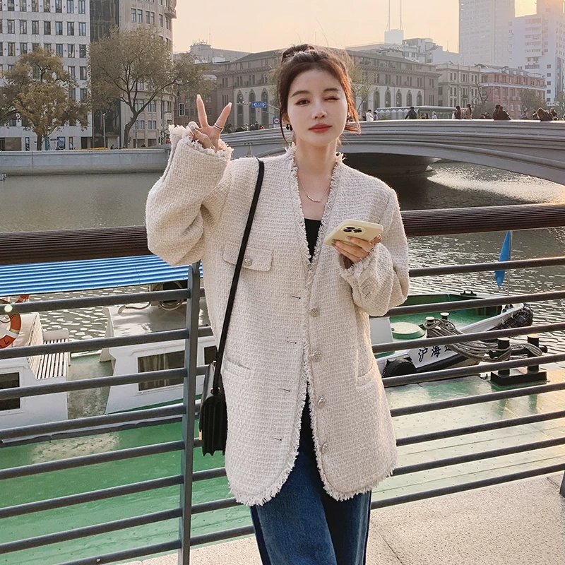 Spring autumn long jacket, 2025 years, french style, high-quality style, bright catchy style, mid-length, V-neckline, Chanel style
