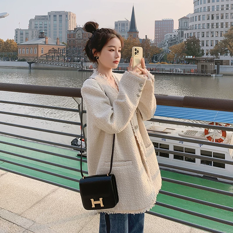 Spring autumn long jacket, 2025 years, french style, high-quality style, bright catchy style, mid-length, V-neckline, Chanel style